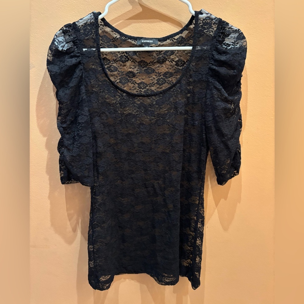 Express Black Lace Blouse With Puff and Gathered 3/4 Sleeves Size Medium